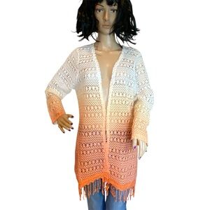 Reba Long Open Cardigan Sweater Duster Fringe Ombre Orange to White Size XL VGC
